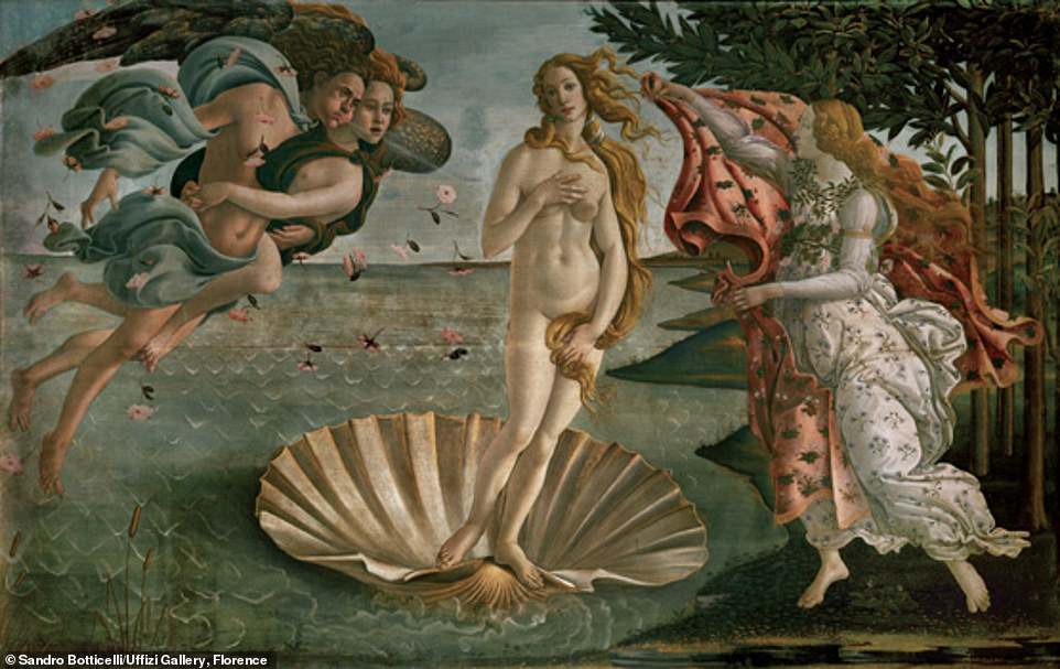 Sandro Botticelli, The Birth of Venus, c. 1482-85, tempura on canvas, 172.5 x 278.9 cm: Kelly said: 'In Botticelli’s famous painting, Venus windsurfs to shore on a supersized scallop shell. Striking a pose, she gently tilts her head towards a curlicue of golden hair that has miraculously spun itself into a perfect logarithmic spiral on her right shoulder. Too precise to be an accident of brushwork, this seashell-shaped curl whispers sweet nothings in the ear of the goddess who listens intently'