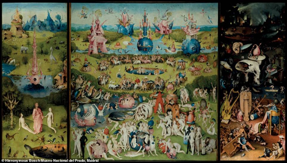 Hieronymus Bosch, The Garden of Earthly Delights (triptych open), 1505-10, oil on panel: Kelly said: 'To crack the code of Hieronymus Bosch’s famously cryptic vision of fleshly shenanigans, you must first find the Easter egg he’s hidden for us in his carnal garden. To locate it, all you have to do is draw a cross: imagine tracing a line down the very middle of the work vertically and one across its equator horizontally and, voilà, 'egg' marks the spot at the dead centre of the masterpiece'