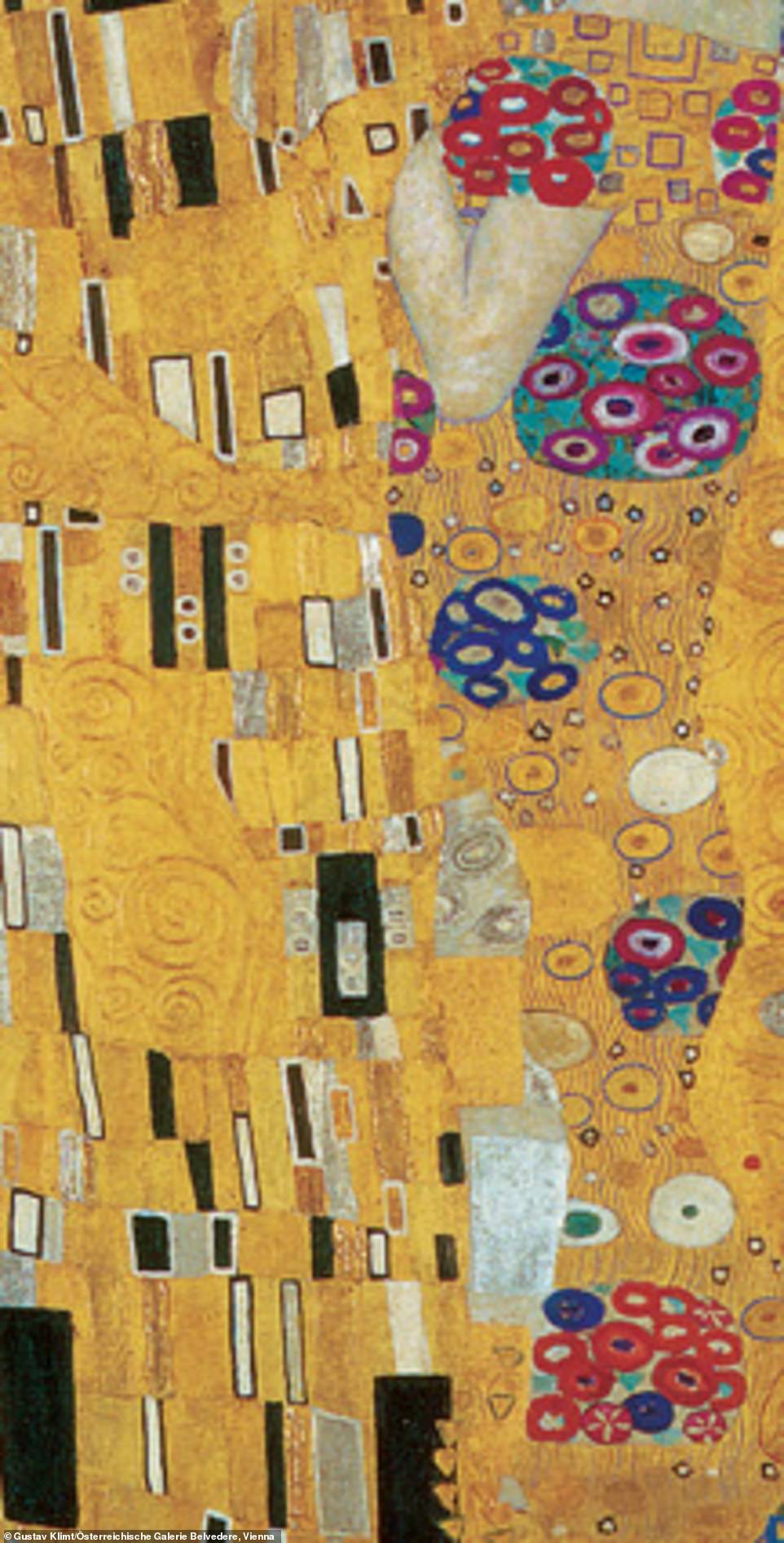 Kelly said: 'At the University of Vienna (where Klimt himself had been commissioned to create some paintings based on medical themes), Karl Landsteiner, a pioneering immunologist who was the first to distinguish blood groups, was busy investigating how to make blood transfusions work. Within each of the opulent ovoid slides that Klimt has stitched into the woman’s frock, vibrant platelets and agglutinating blood cells judder and throb, as if a microscopic glimpse into her cellular constitution has just been obtained – as if the artist has glimpsed a luminous biopsy of never-ending love'